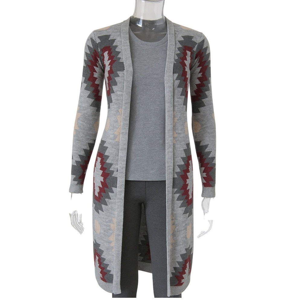 Charlotte Russe Aztec Longline Cardigan Sweater Gray Burgundy Geometric‎ Print